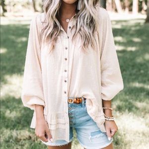 Easel | Swiss Dot Ruffle Hem Button Up Top